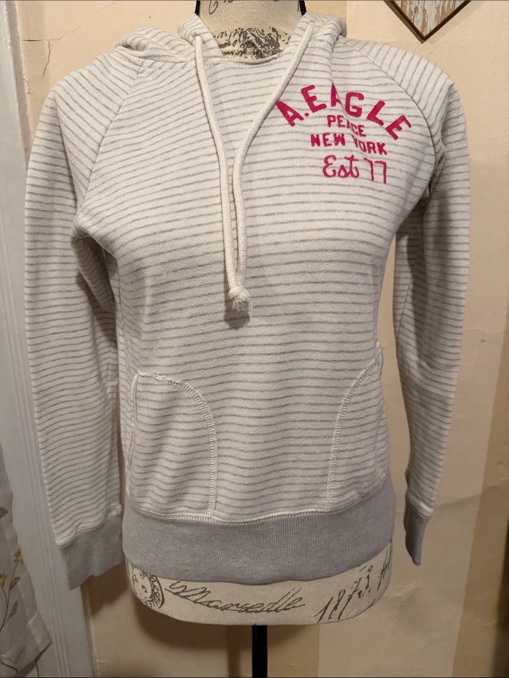 American Eagle Striped Hooded Pullover - White with Pink Logo